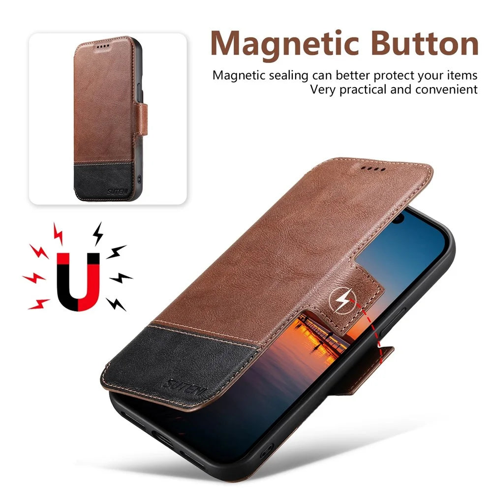 SUTENI Q-06 For iPhone 16 Pro Max Case Color Splicing Magnetic Detachable Leather Phone Cover - Brown - 4