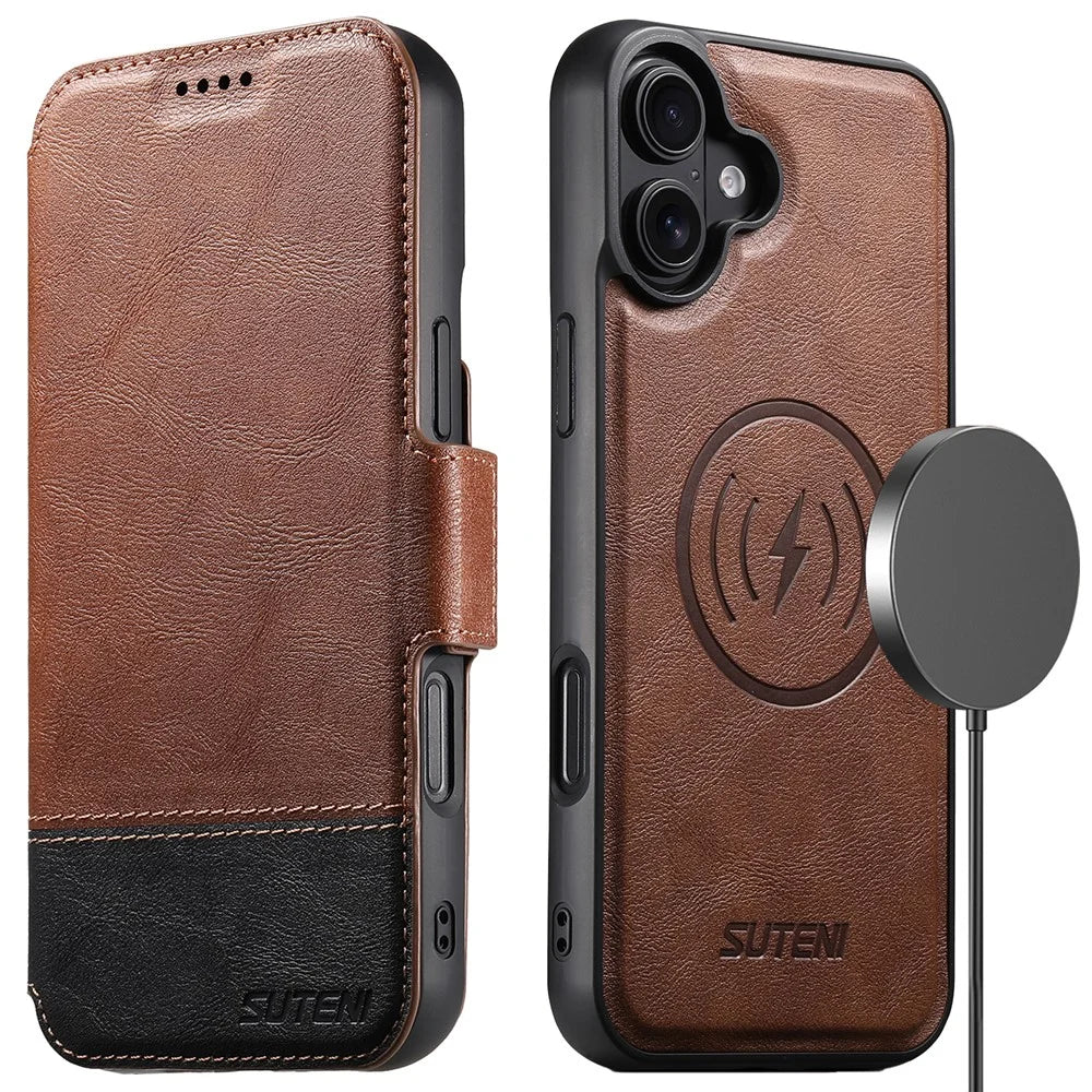SUTENI Q-06 For iPhone 16 Plus Case Color Splicing Magnetic Detachable Leather Phone Cover - Brown - 1