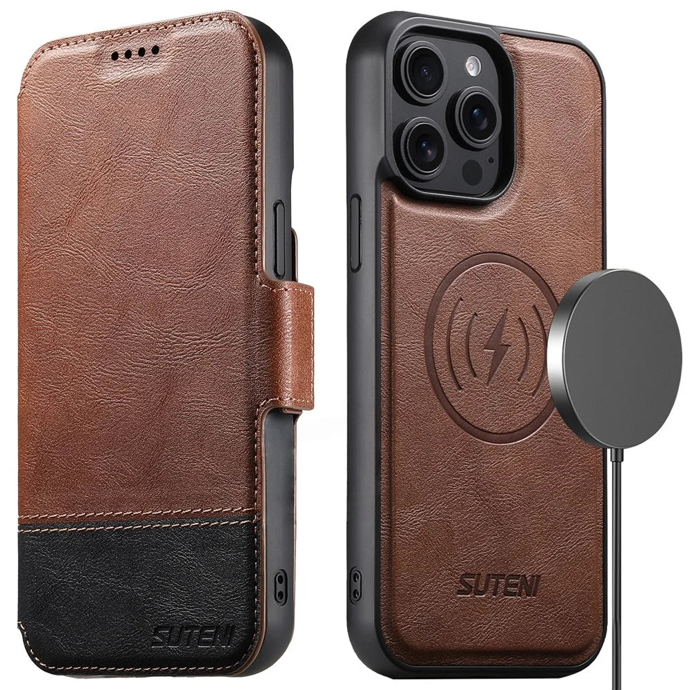 SUTENI Q-06 For iPhone 15 Pro Max Case Color Splicing Magnetic Detachable Leather Phone Cover - Brown - 1