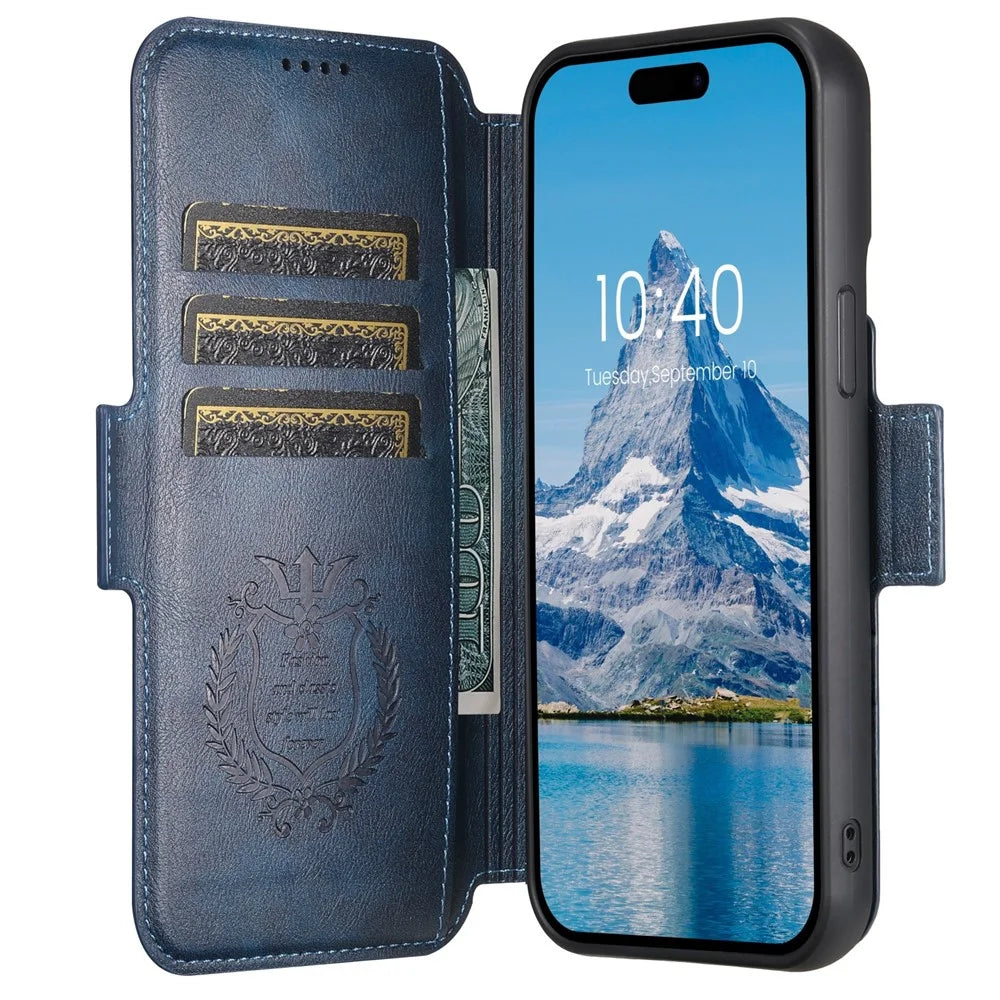 SUTENI Q-07 For iPhone 16 Pro Case Magnetic Color Splicing Cowhide Texture Leather Cover - Blue - 2