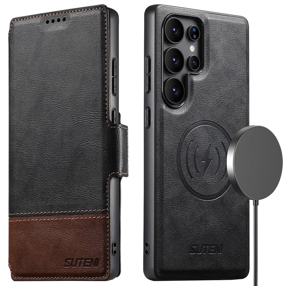SUTENI Q-06 For Samsung Galaxy S25 Ultra Case Color Splicing Magnetic Detachable Leather Phone Cover - Black - 1