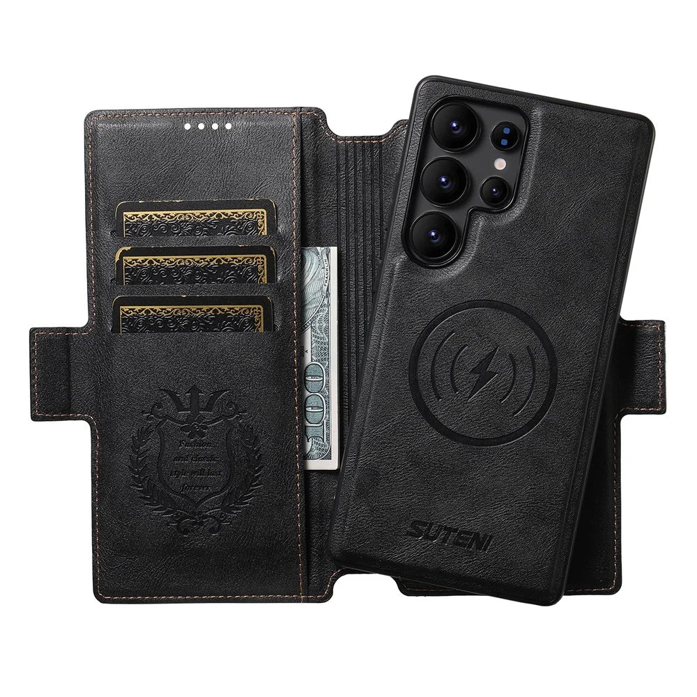 SUTENI Q-06 For Samsung Galaxy S25 Ultra Case Color Splicing Magnetic Detachable Leather Phone Cover - Black - 3