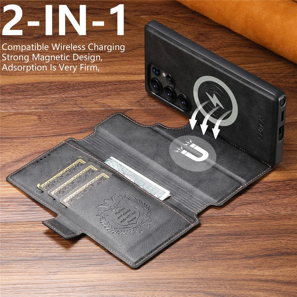 SUTENI Q-07 For Samsung Galaxy S25 Ultra Case Magnetic Color Splicing Cowhide Texture Leather Cover - Black - 6