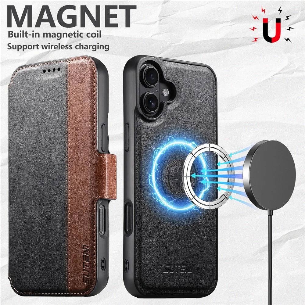 SUTENI Q-07 For iPhone 16 Plus Case Magnetic Color Splicing Cowhide Texture Leather Cover - Black - 5