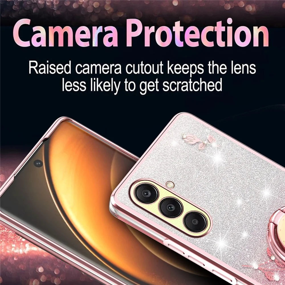 KADEM For Samsung Galaxy A26 5G Case Ring Kickstand TPU Flowers Phone Cover Gradient Glitter - Rose Gold - 6