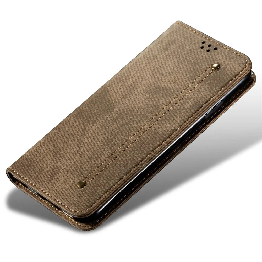 For Samsung Galaxy A18 5G / A18 4G / A17 5G / A17 4G Case Jeans Cloth Texture Anti-Scratch Leather Stand Phone Cover - Khaki - 4