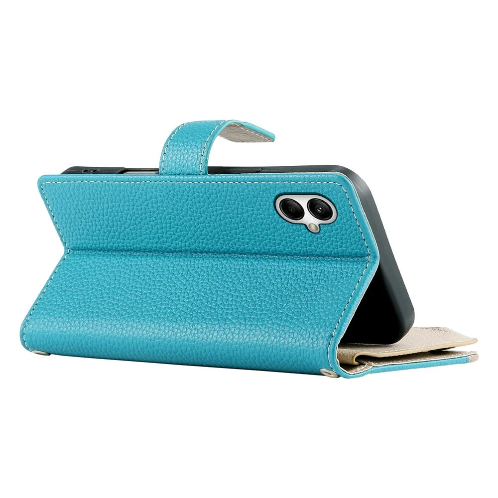 For Samsung Galaxy A05 4G Case Zipper Wallet Color Splicing Leather Flip Phone Cover with Straps - Lake Blue - 4