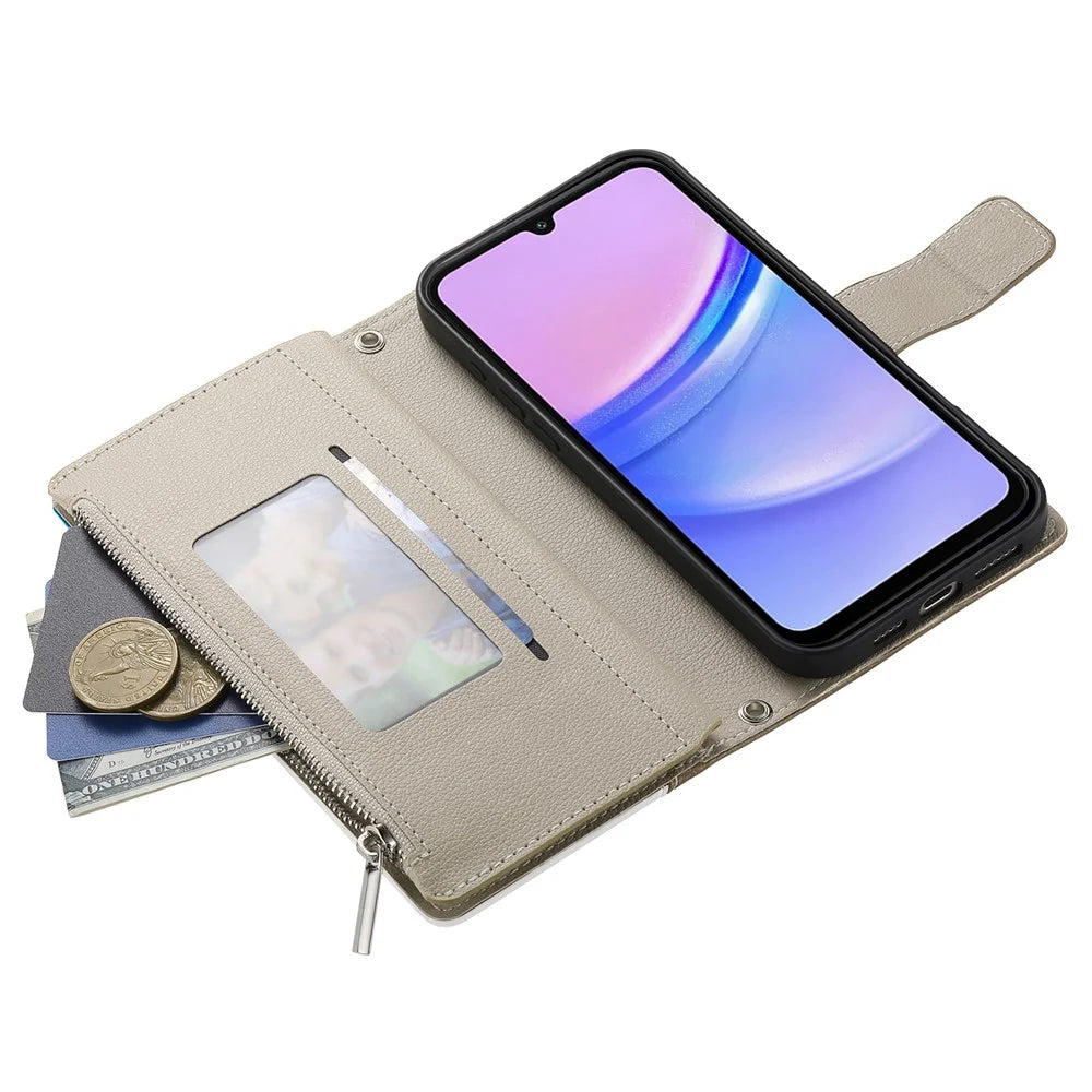 For Samsung Galaxy A05s 4G Case Zipper Wallet Color Splicing Leather Flip Phone Cover with Straps - Lake Blue - 3