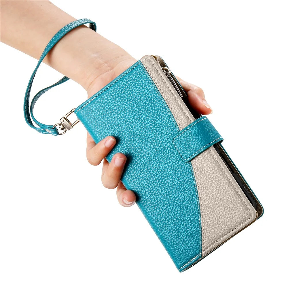 For Samsung Galaxy A16 5G  /  4G Case Zipper Wallet Color Splicing Leather Flip Phone Cover with Straps - Lake Blue - 7