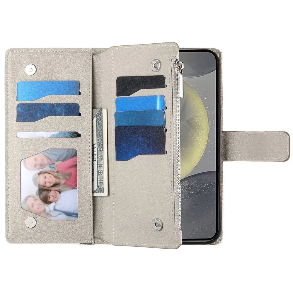 For Samsung Galaxy S24 FE Case Zipper Wallet Color Splicing Leather Flip Phone Cover with Straps - Lake Blue - 2