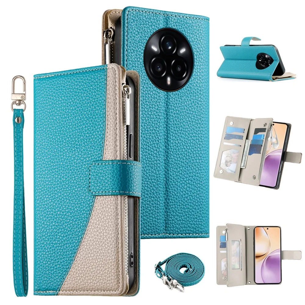For Realme 14 Pro+ 5G Case Zipper Wallet Color Splicing Leather Flip Phone Cover with Straps - Lake Blue - 1