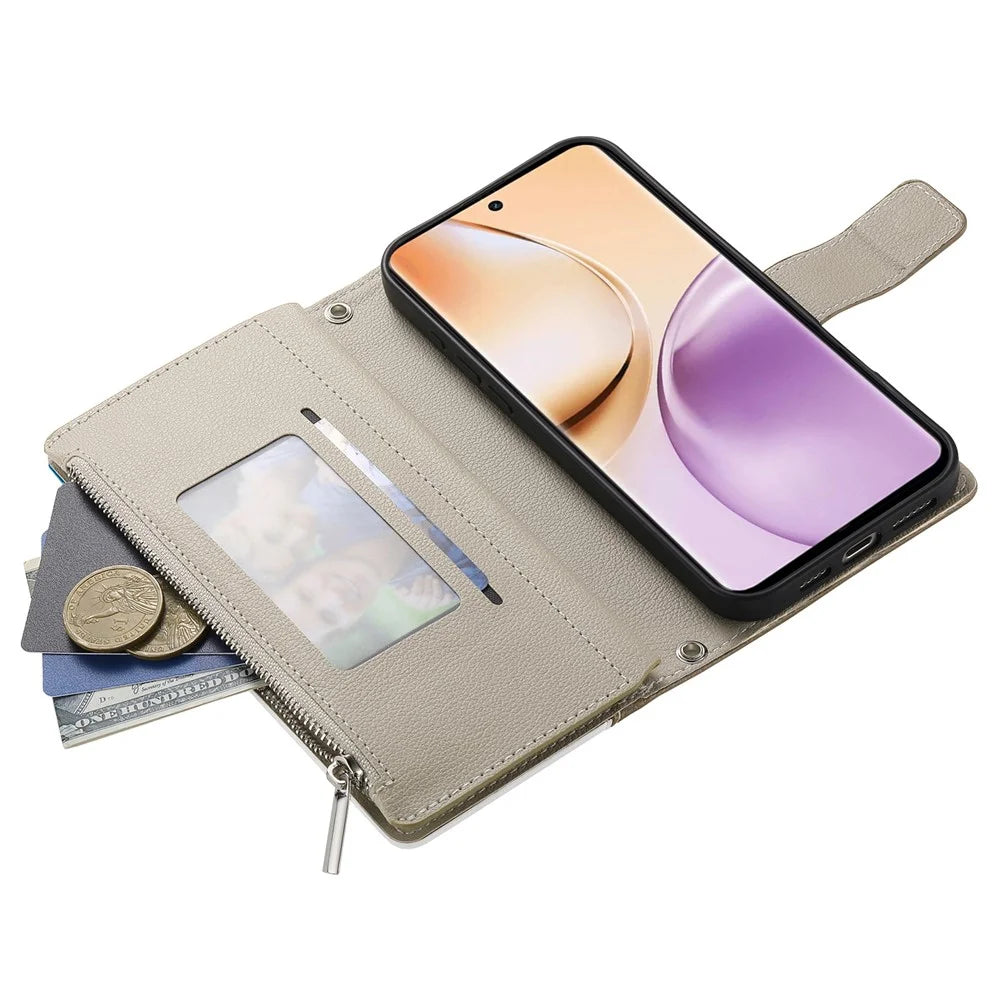 For Realme 14 5G Case Zipper Wallet Color Splicing Leather Flip Phone Cover with Straps - Lake Blue - 3