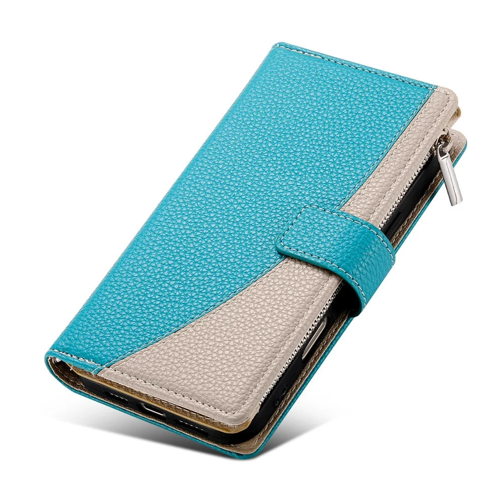 For Realme 14 5G Case Zipper Wallet Color Splicing Leather Flip Phone Cover with Straps - Lake Blue - 6