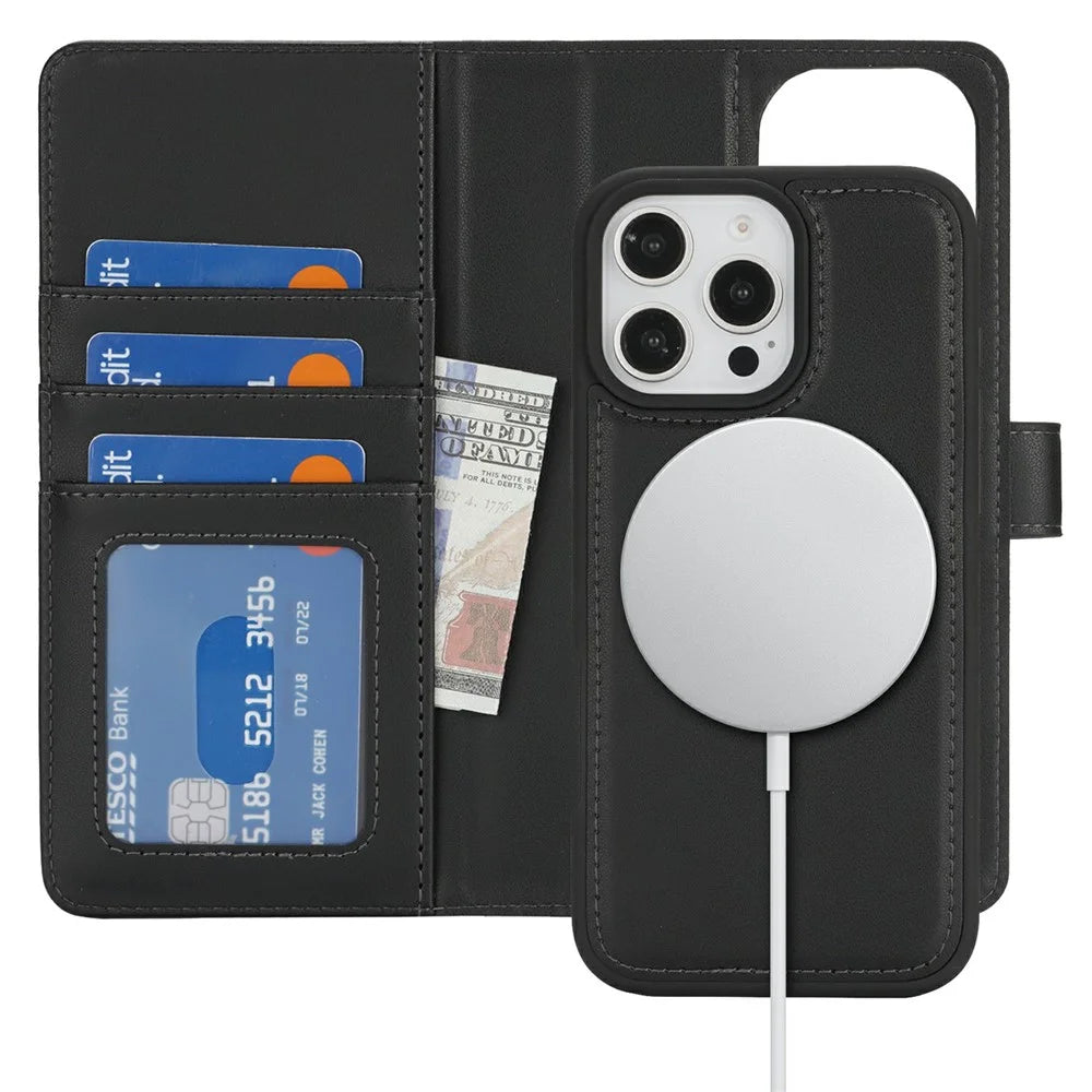 For iPhone 16 Pro Wallet Case Compatible with MagSafe Anti-Drop Detachable PU Leather Phone Cover - Black - 6
