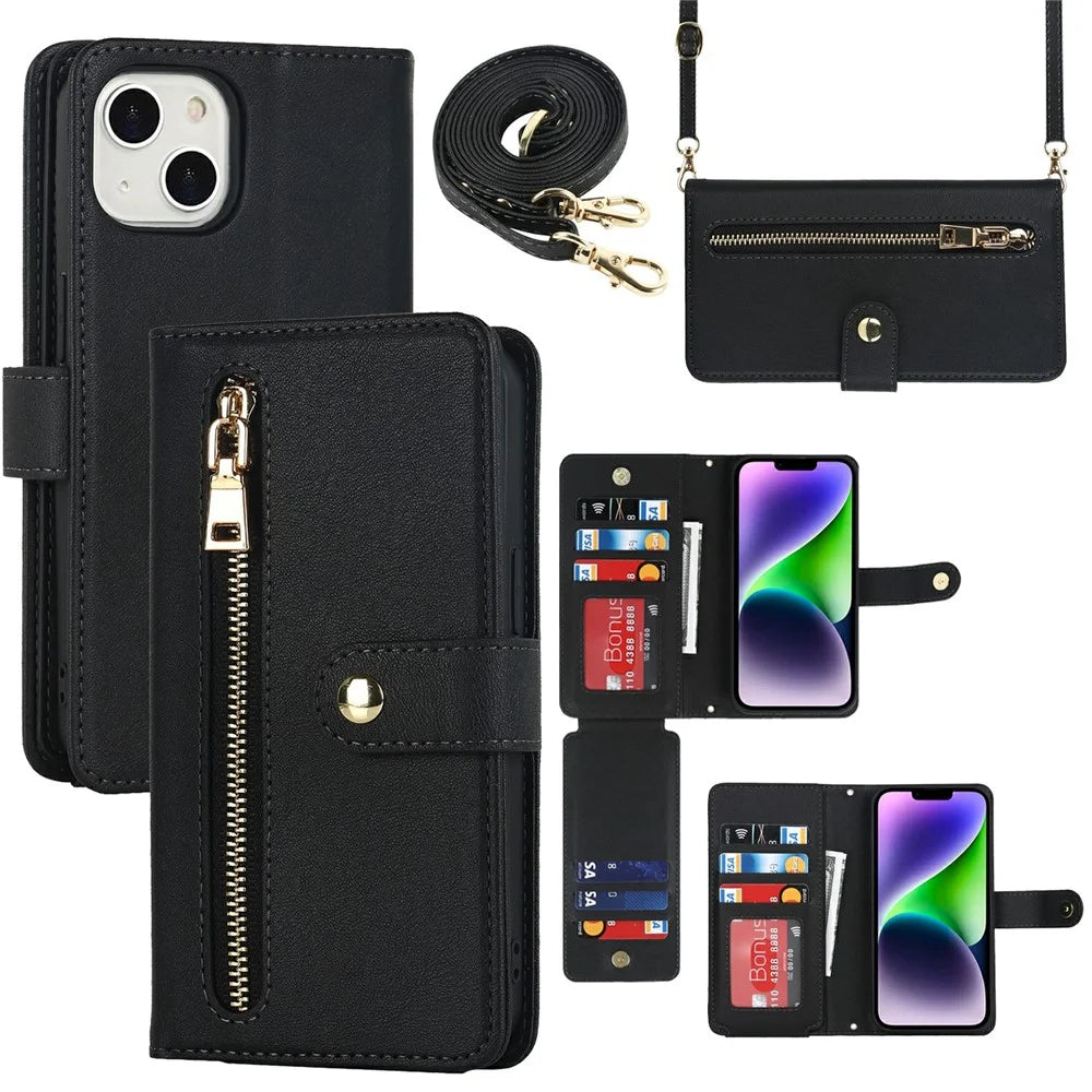 For iPhone 14 / 13 Stand Case PU Leather Phone Cover with Straps  /  Zipper Wallet  /  Multiple Card Slots - Black - 1