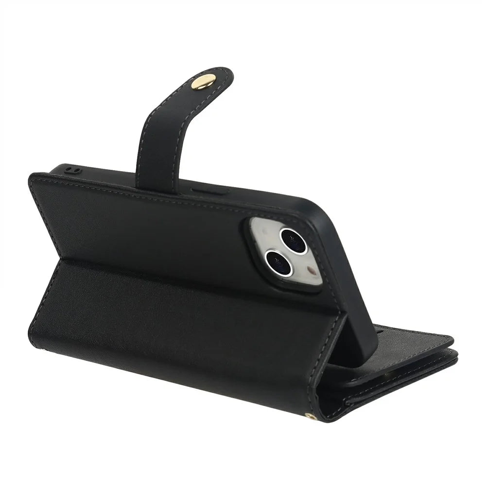 For iPhone 14 / 13 Stand Case PU Leather Phone Cover with Straps  /  Zipper Wallet  /  Multiple Card Slots - Black - 5