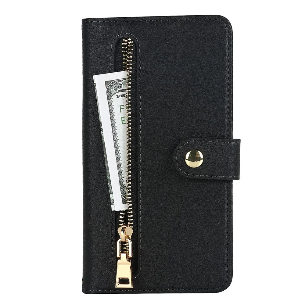 For iPhone 14 / 13 Stand Case PU Leather Phone Cover with Straps  /  Zipper Wallet  /  Multiple Card Slots - Black - 7