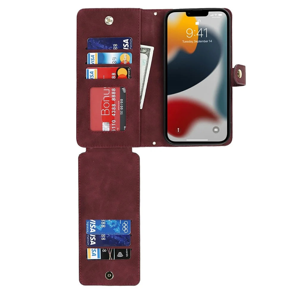 For iPhone 13 Pro Max / 12 Pro Max Stand Case PU Leather Phone Cover with Straps  /  Zipper Wallet  /  Multiple Card Slots - Wine Red - 5