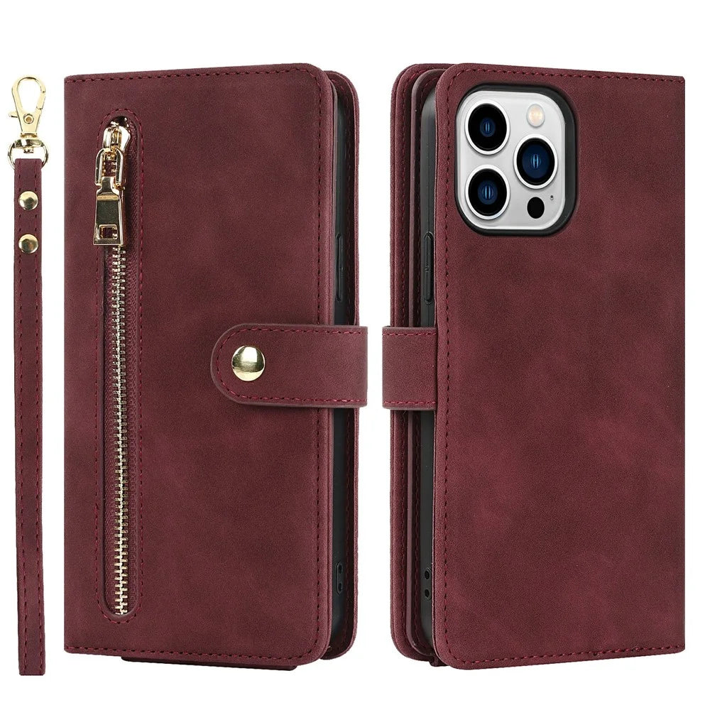 For iPhone 15 Pro Stand Case PU Leather Phone Cover with Straps  /  Zipper Wallet  /  Multiple Card Slots - Wine Red - 2