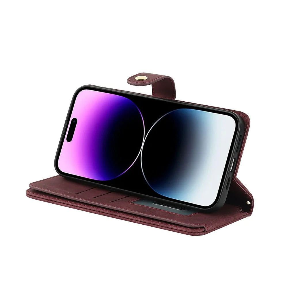 For iPhone 15 Pro Stand Case PU Leather Phone Cover with Straps  /  Zipper Wallet  /  Multiple Card Slots - Wine Red - 4