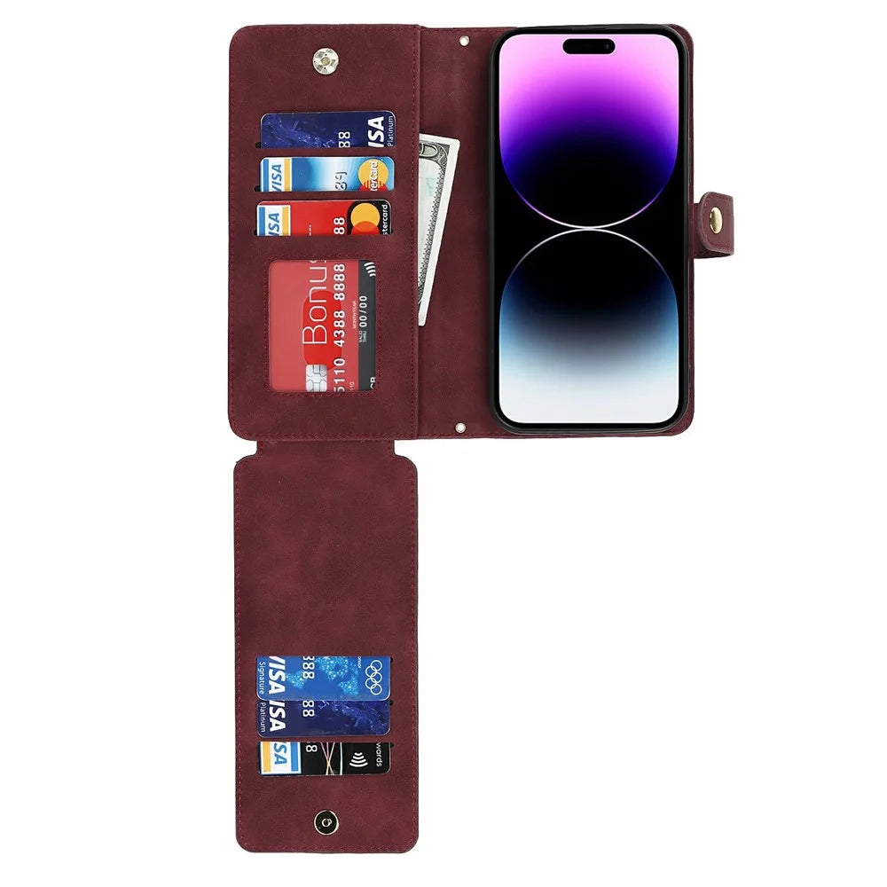 For iPhone 15 Pro Stand Case PU Leather Phone Cover with Straps  /  Zipper Wallet  /  Multiple Card Slots - Wine Red - 6