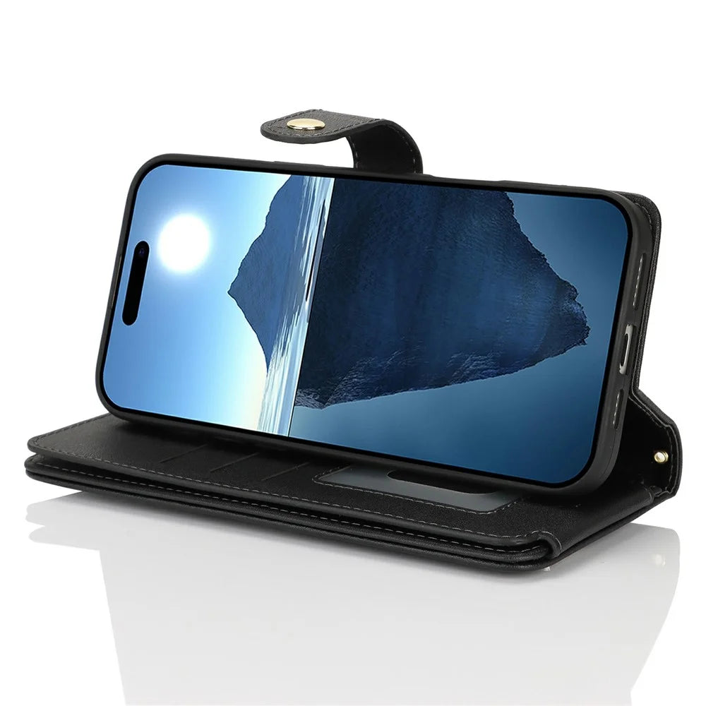 For iPhone 16 Pro Stand Case PU Leather Phone Cover with Straps  /  Zipper Wallet  /  Multiple Card Slots - Black - 4
