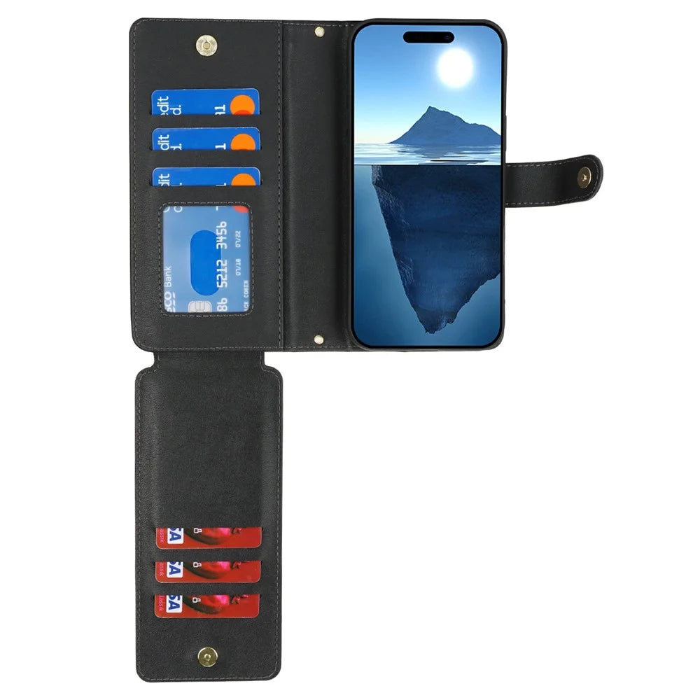 For iPhone 16 Pro Stand Case PU Leather Phone Cover with Straps  /  Zipper Wallet  /  Multiple Card Slots - Black - 5