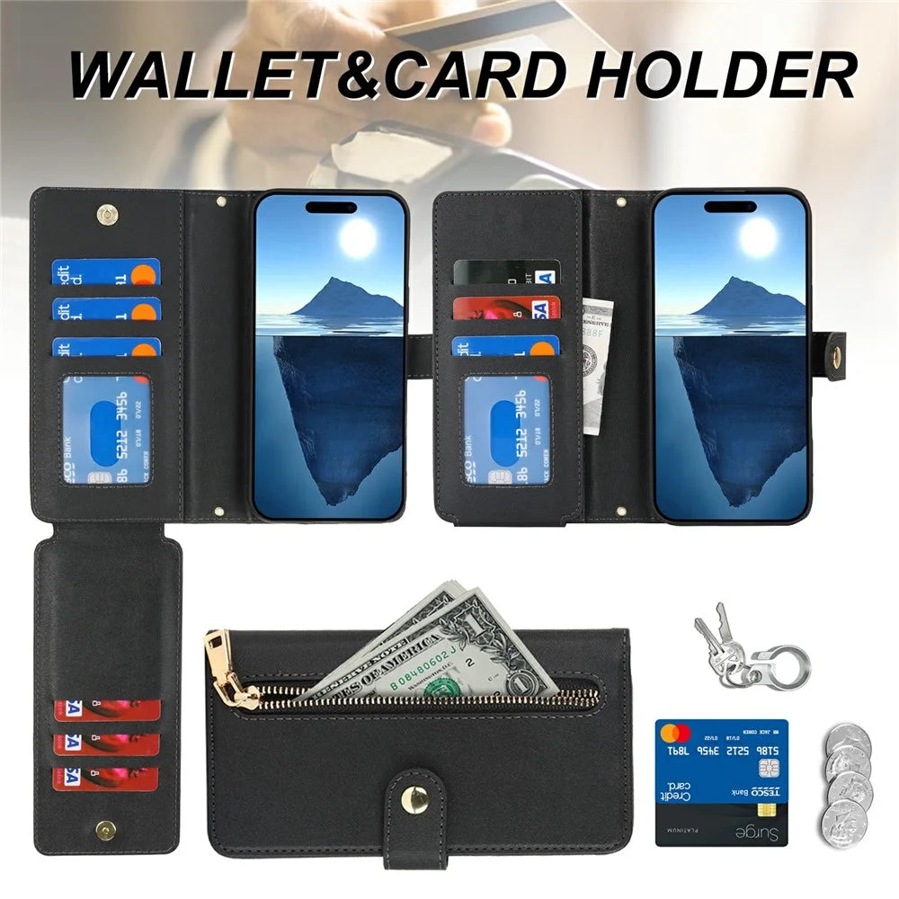 For iPhone 16 Pro Stand Case PU Leather Phone Cover with Straps  /  Zipper Wallet  /  Multiple Card Slots - Black - 7