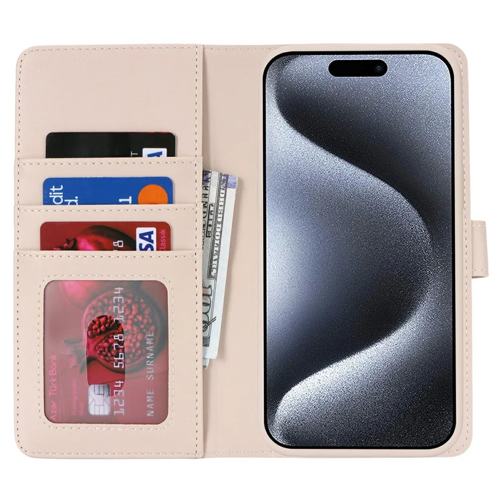 For iPhone 15 Pro Wallet Case Compatible with MagSafe Anti-Drop Detachable PU Leather Phone Cover - Beige - 2