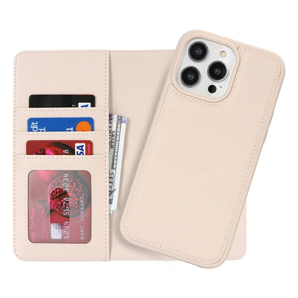 For iPhone 15 Pro Wallet Case Compatible with MagSafe Anti-Drop Detachable PU Leather Phone Cover - Beige - 7