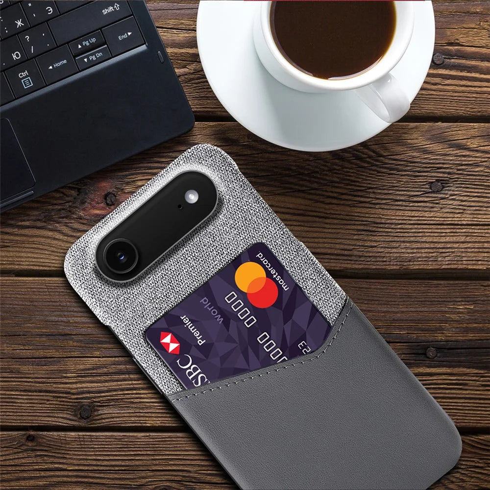 For iPhone Air Case PU Leather Cloth Texture Hard PC Phone Cover with Card Holder - Grey - 4