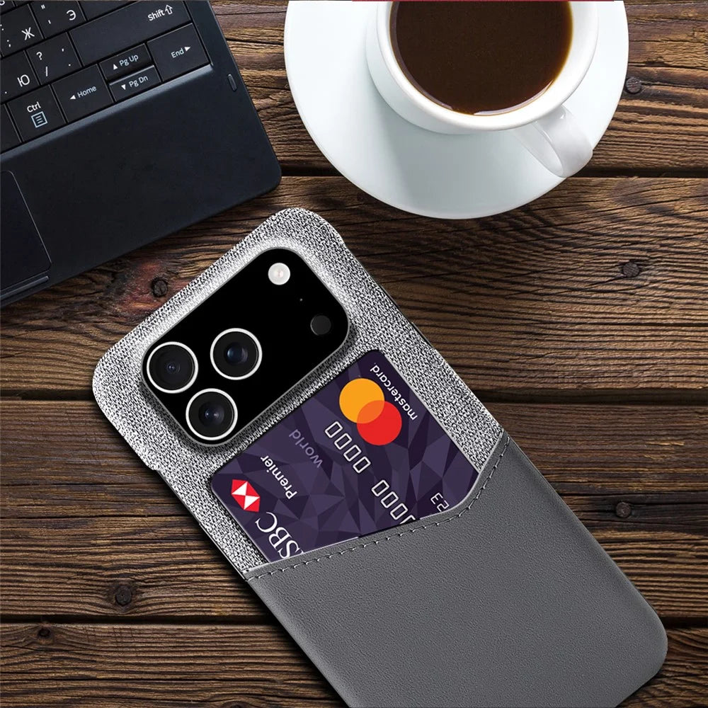 For iPhone 18 Pro / 17 Pro Case PU Leather Cloth Texture Hard PC Phone Cover with Card Holder - Grey - 4