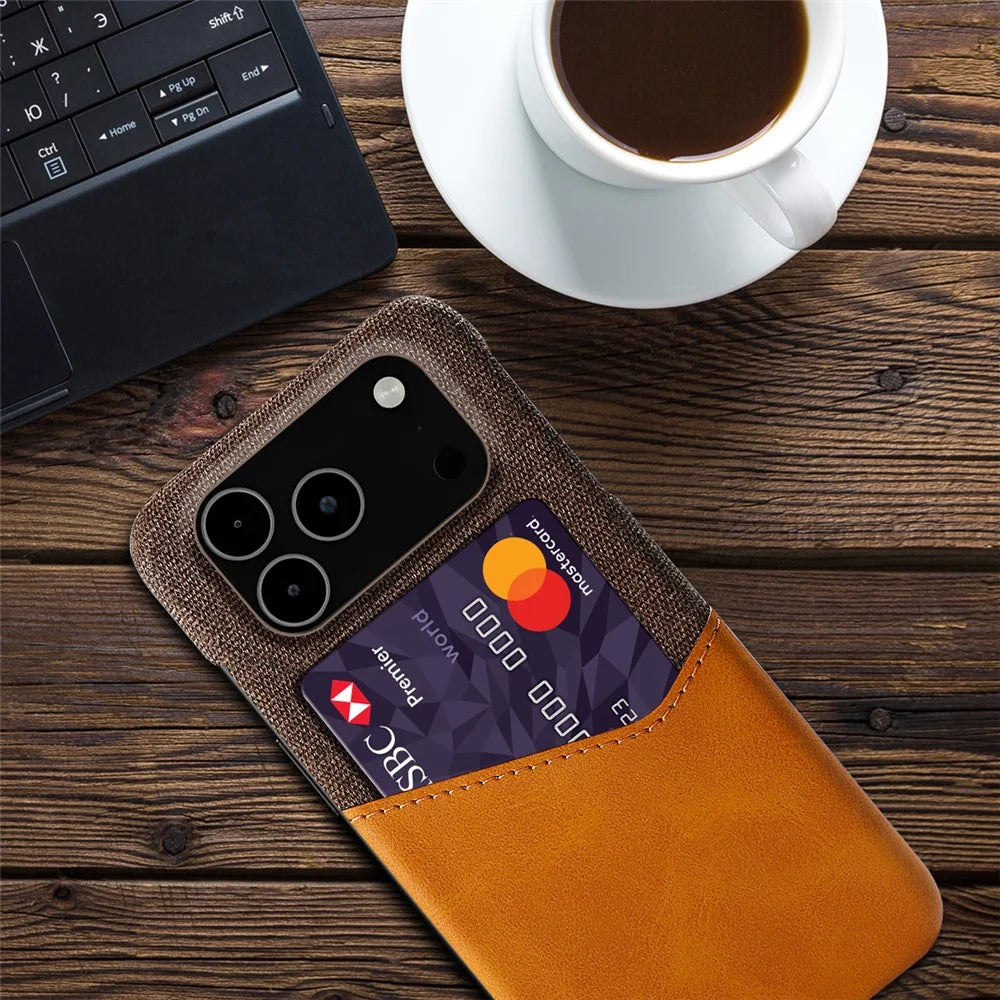 For iPhone 18 Pro Max / 17 Pro Max Case PU Leather Cloth Texture Hard PC Phone Cover with Card Holder - Orange - 2