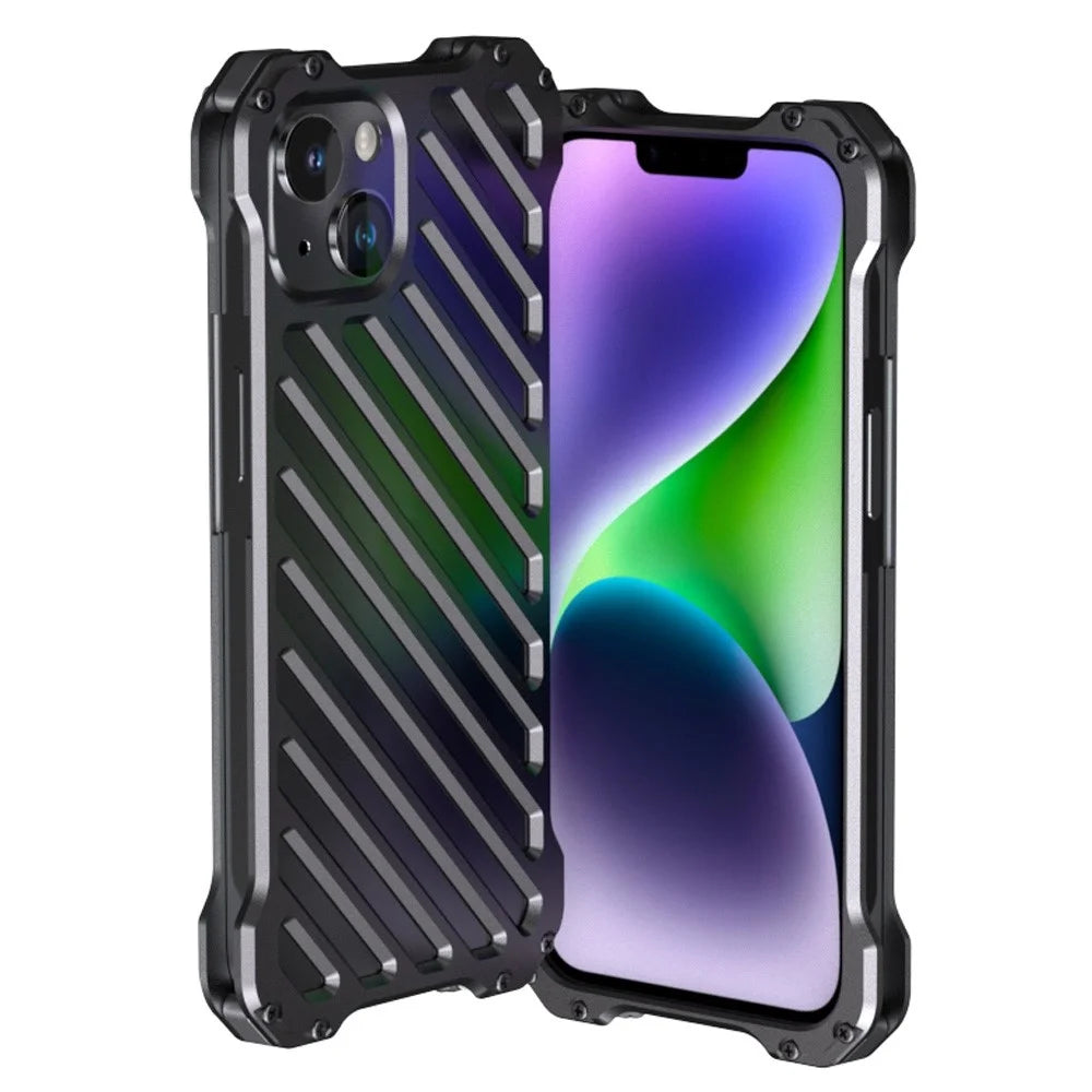 R-JUST RJ-50 Protective Phone Case for iPhone 14 Plus, Armour Aluminum Alloy Metal Frame Hollow Mobile Phone Back Cover with Lens Protector - 1