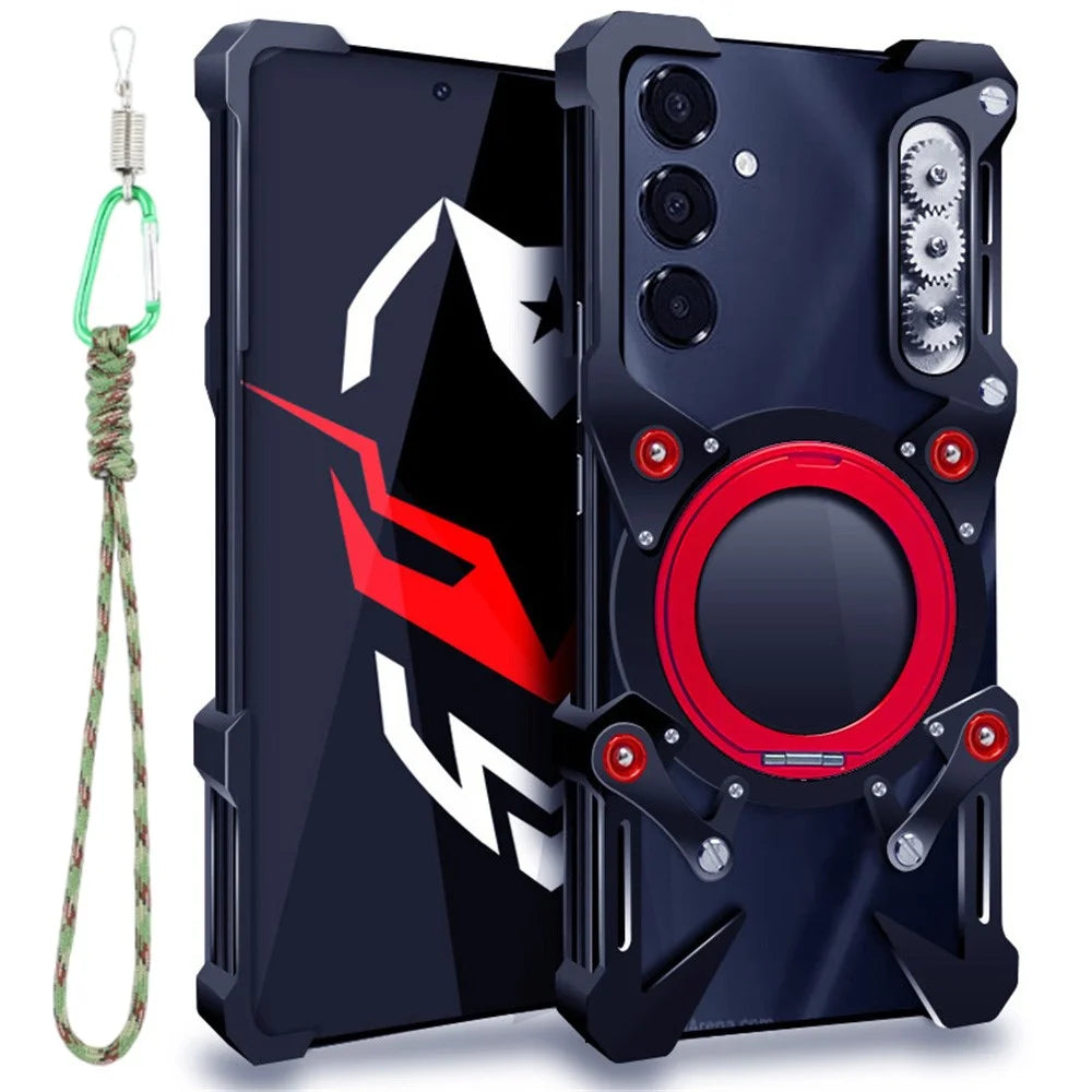 Bumper Case For Samsung Galaxy F56 5G / M56 5G / M35 5G / S24 FE , Kickstand Aluminum Alloy Magnetic Phone Cover with Wrist Strap - Black - 1