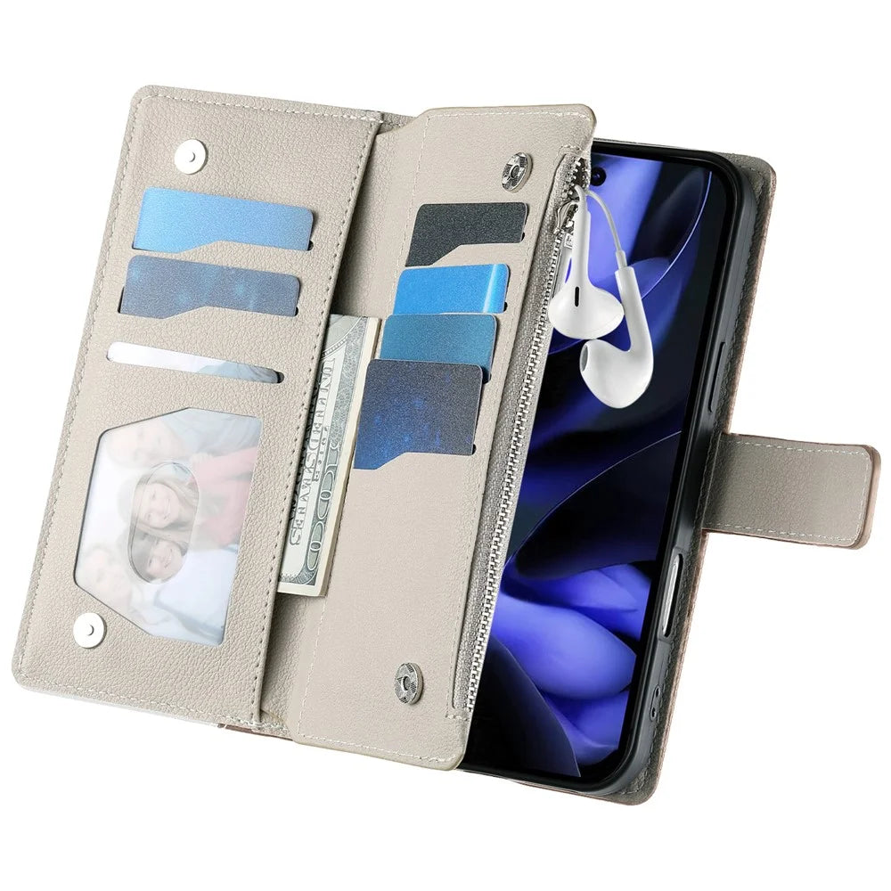 Leather Case For Google Pixel 10 Pro  /  10  /  9 Pro  /  9 Zipper Wallet Color Splicing Flip Phone Cover with Straps - Lake Blue - 4