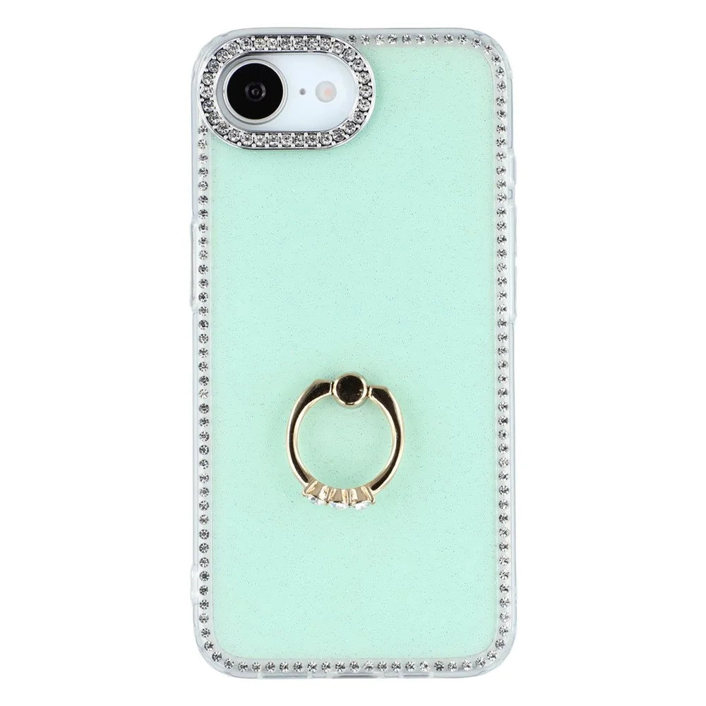 For iPhone 17e / 16e Case with Ring Kickstand Rhinestone Edge TPU + PC IMD Phone Cover - Glitter Light Green - 2