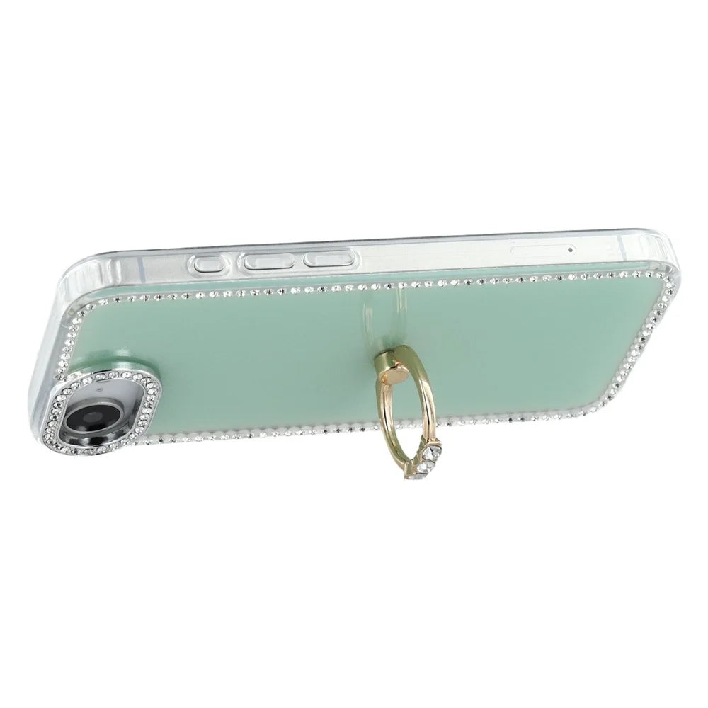 For iPhone 17e / 16e Case with Ring Kickstand Rhinestone Edge TPU + PC IMD Phone Cover - Glitter Light Green - 3