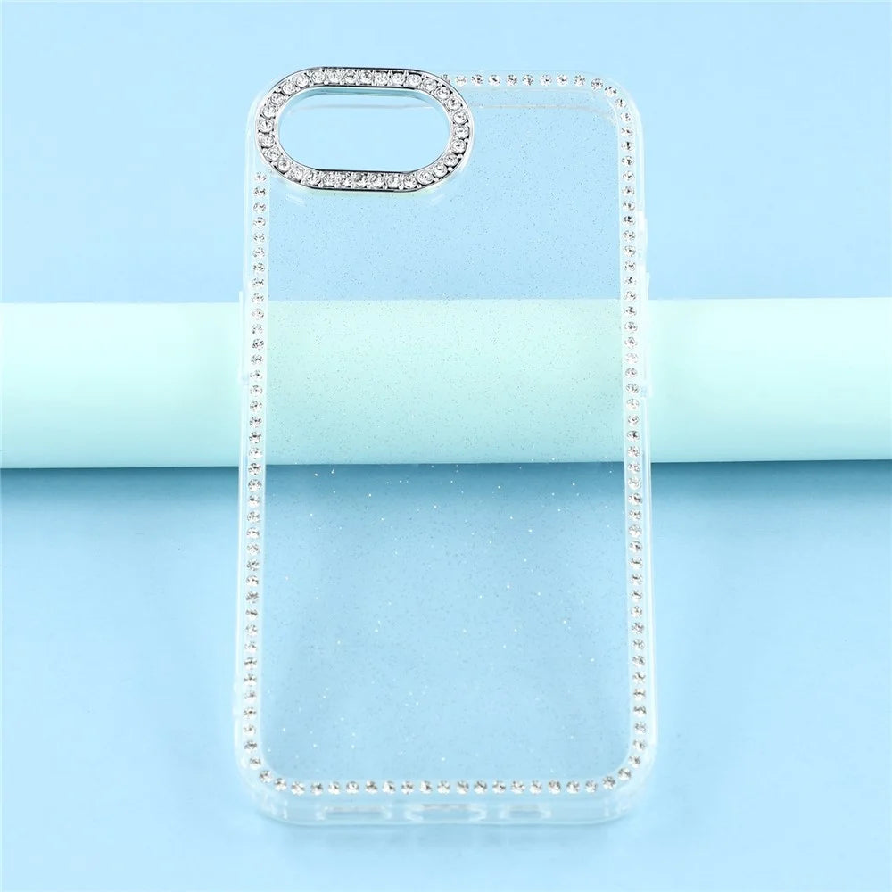 For iPhone 17e / 16e Case Rhinestone Edge Glitter Back TPU + PC IMD Phone Cover - Glitter Transparent - 6