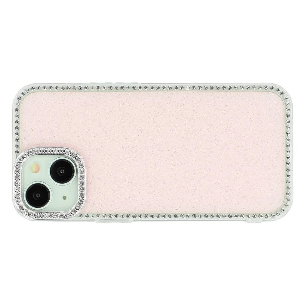 For iPhone 15 Case Rhinestone Edge Glitter Back TPU + PC IMD Phone Cover - Glitter Light Pink - 3