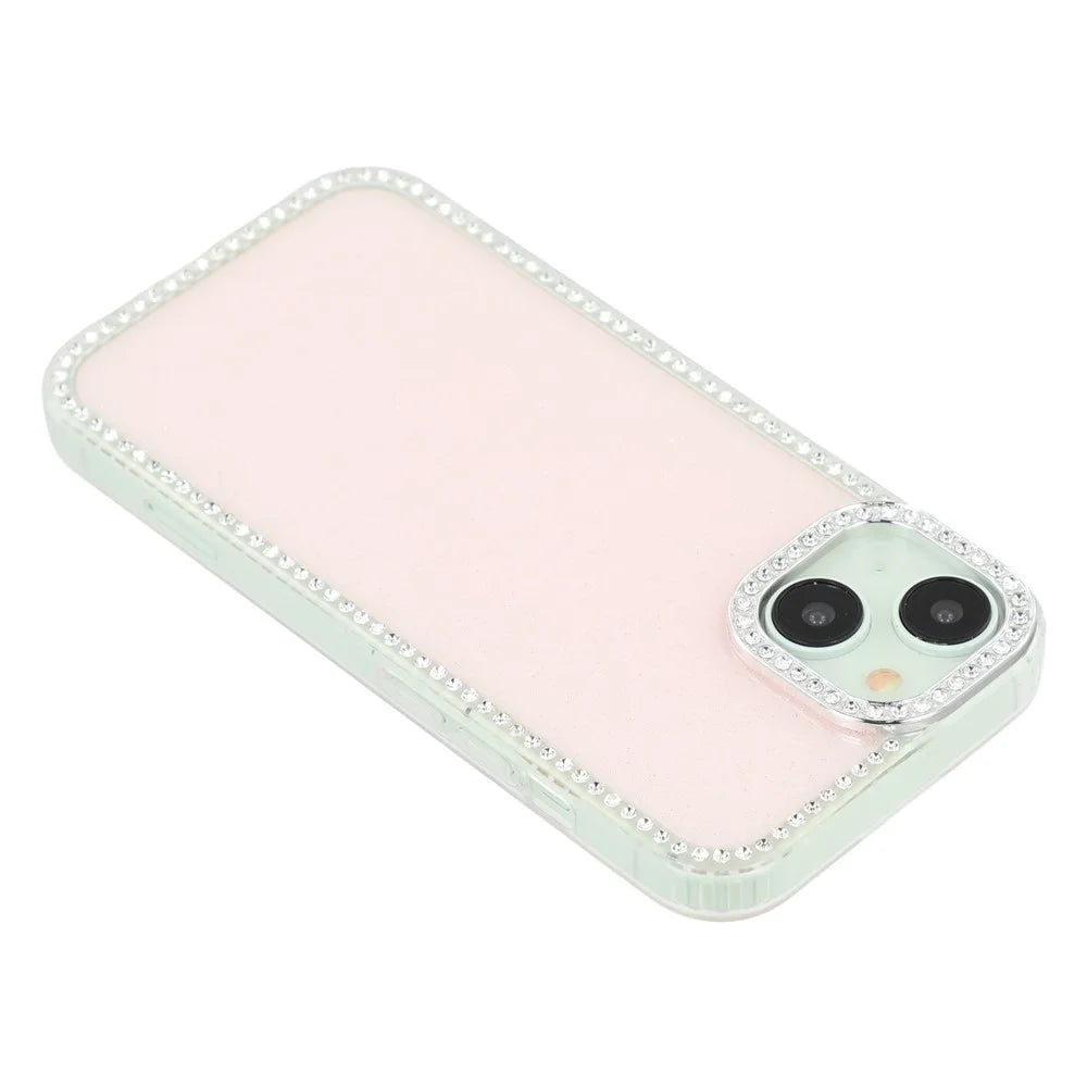 For iPhone 15 Case Rhinestone Edge Glitter Back TPU + PC IMD Phone Cover - Glitter Light Pink - 5