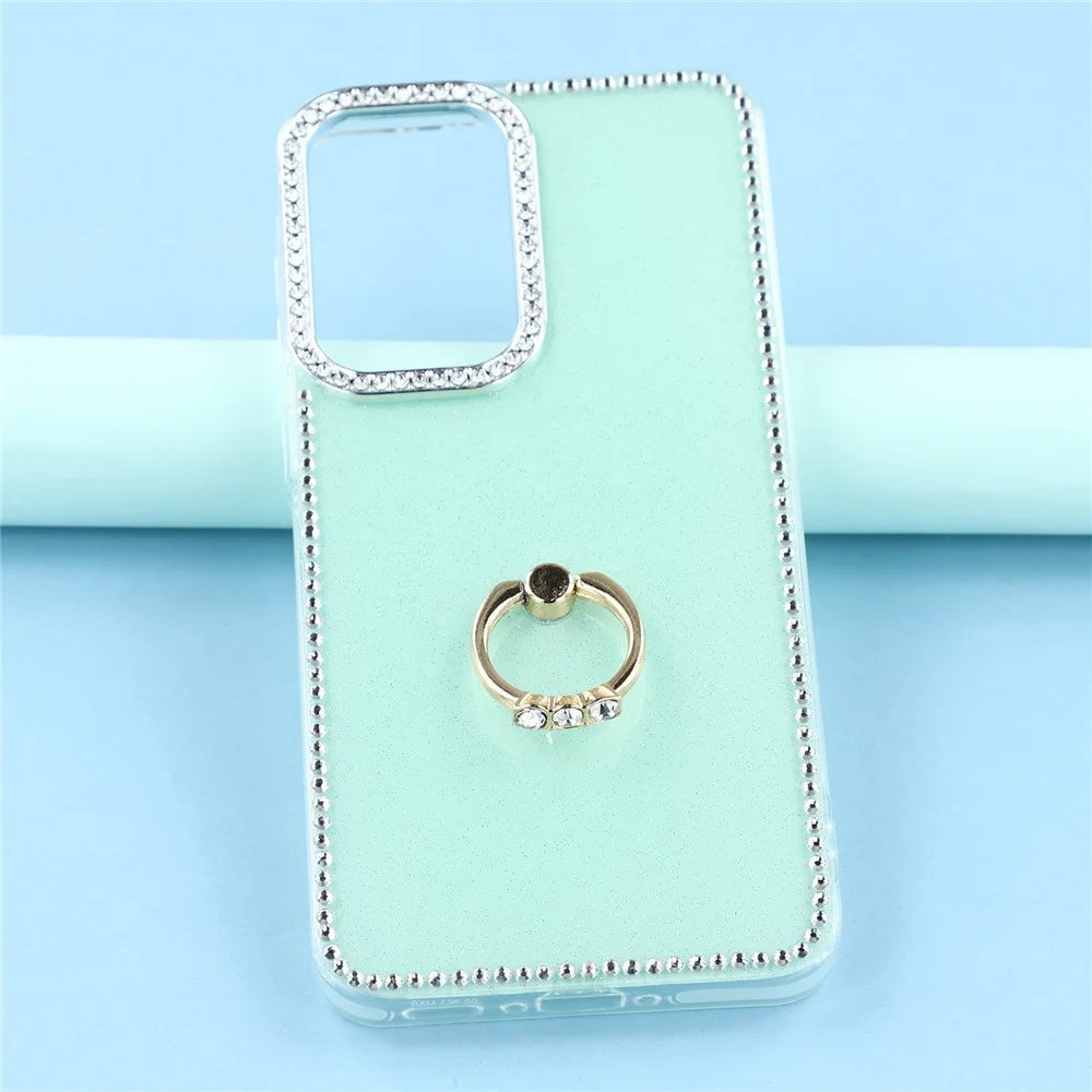 For Samsung Galaxy A55 5G Case with Ring Kickstand Rhinestone Edge TPU + PC IMD Phone Cover - Glitter Light Green - 4