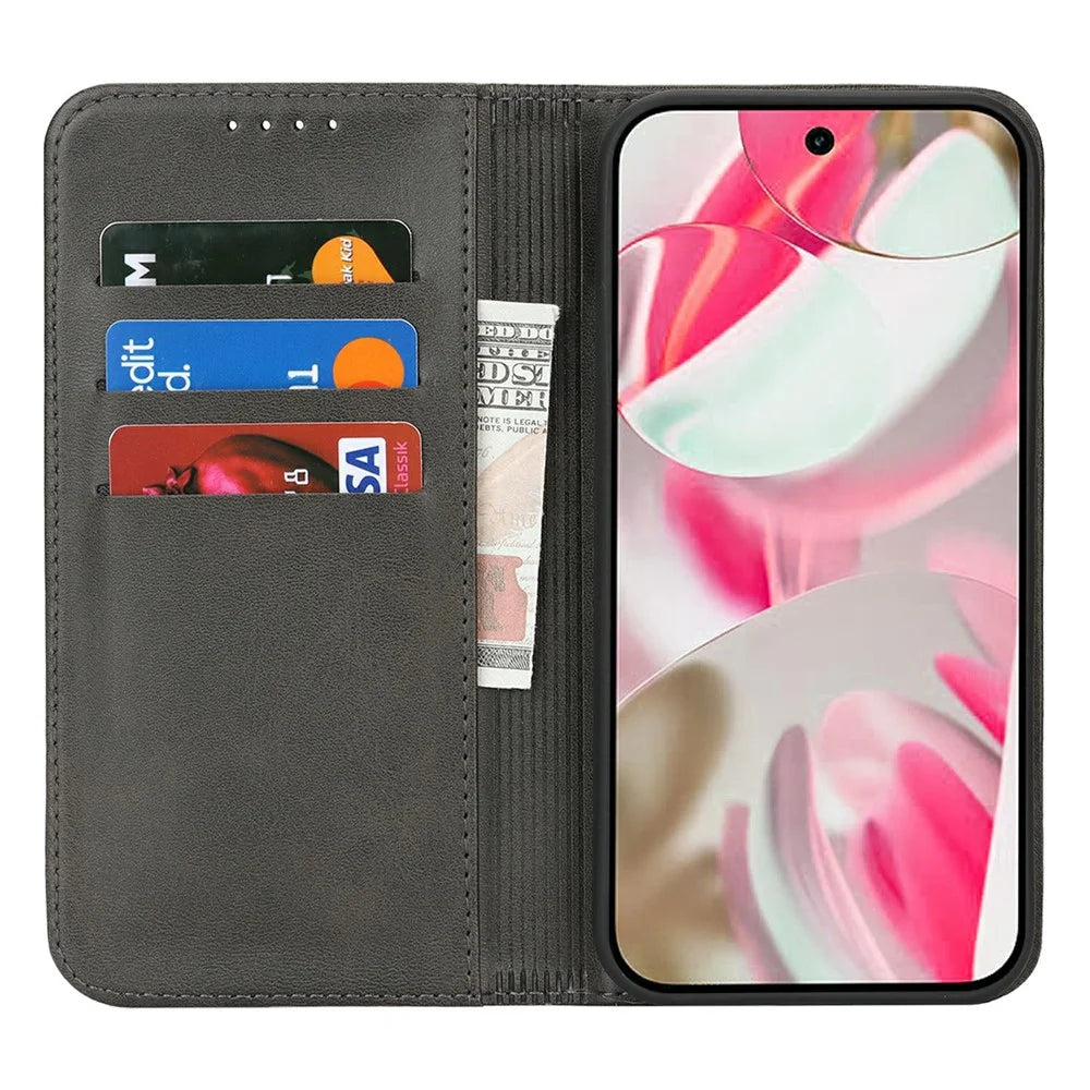 For Google Pixel 10 / 10 Pro Case PU Leather Calf Textured Magnetic Closing Smart Phone Cover - Black - 2