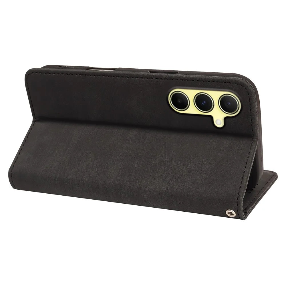 For Samsung Galaxy S25+ Case Strong Magnetic Leather Wallet Phone Cover with Striped Texture - Black - 3
