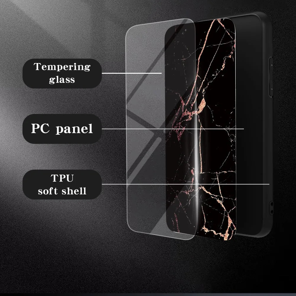 For Samsung Galaxy A18 5G / A18 4G / A17 5G / A17 4G / A26 5G Case Marble Pattern Tempered Glass + PC + TPU Protective Phone Cover - Gold Black Marble - 4