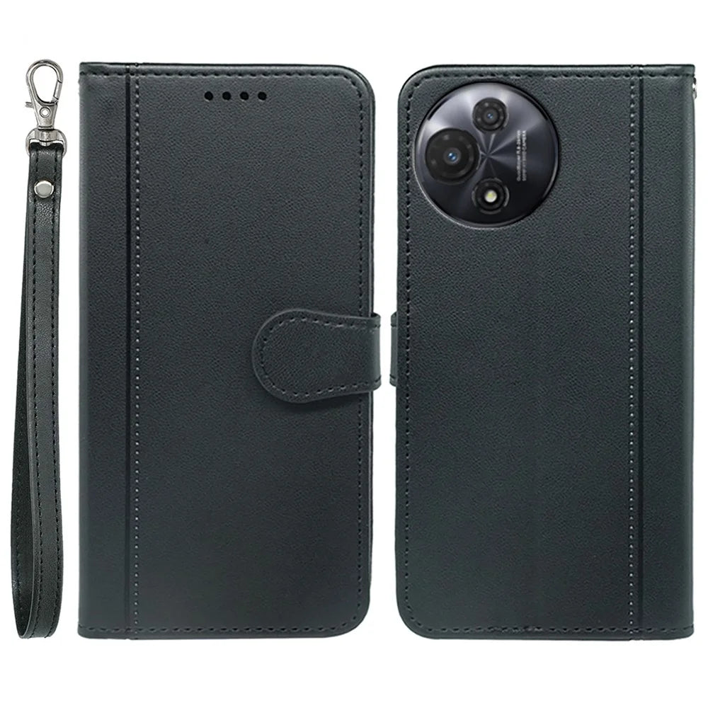 For TCL 60R 5G Wallet Case Magnetic Snap Leather Phone Cover with Strap - Black - 1