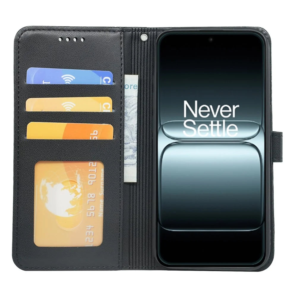 For OnePlus 13T 5G Wallet Case Magnetic Snap Leather Phone Cover with Strap - Black - 3