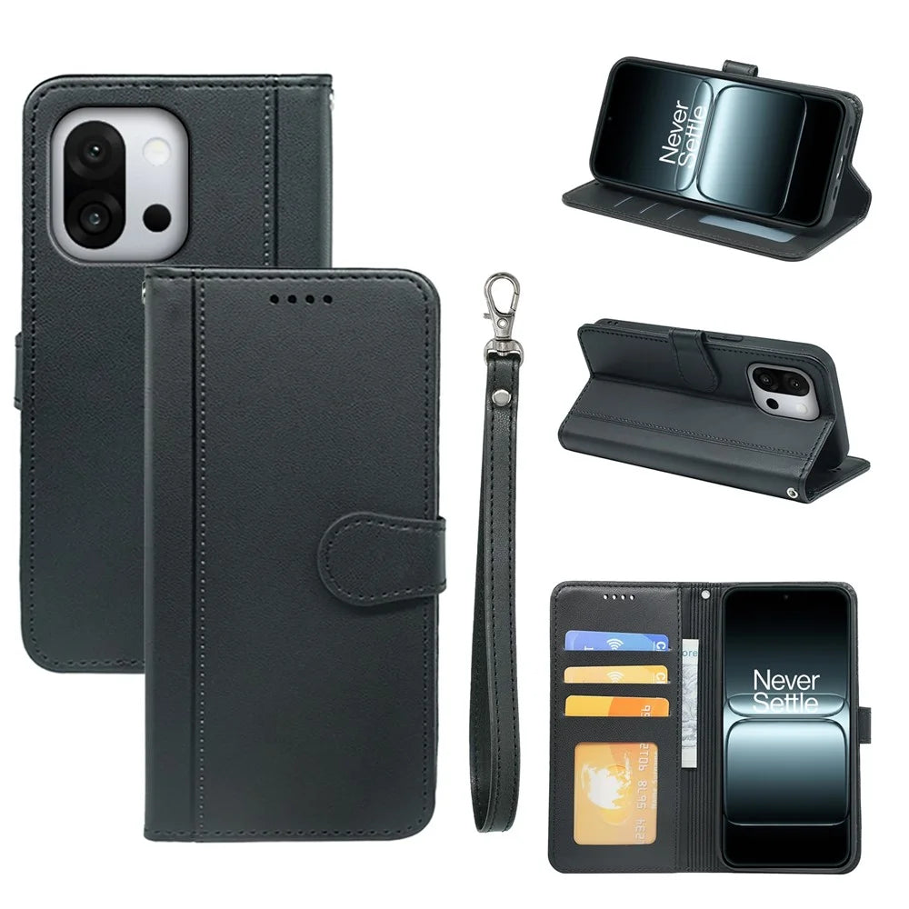 For OnePlus 13T 5G Wallet Case Magnetic Snap Leather Phone Cover with Strap - Black - 7