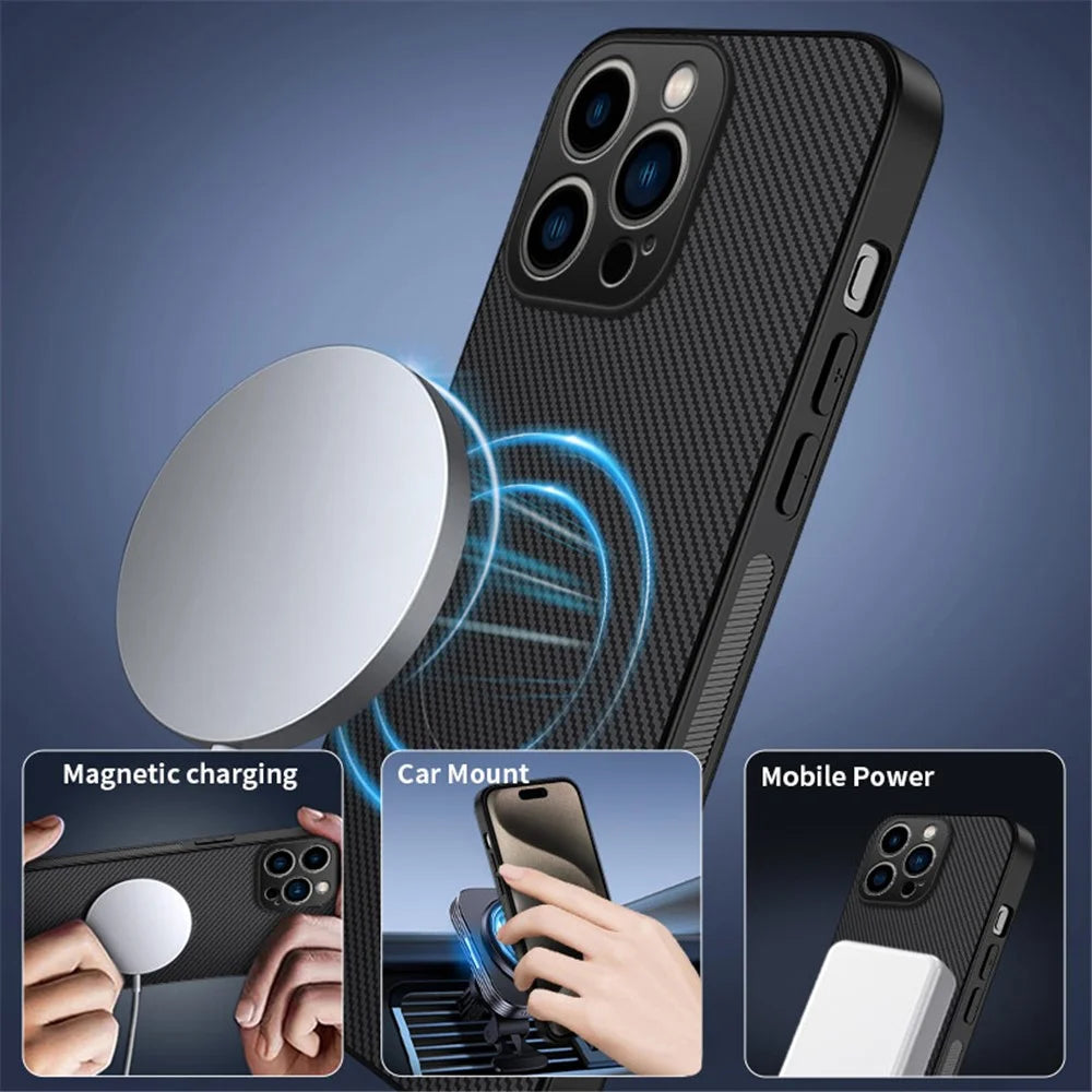 WANLONFENG For iPhone 13 Pro Max 6.7 inch Case Compatible with MagSafe  TQ Series Carbon Fiber Texture PC TPU Phone Cover - Black - 4