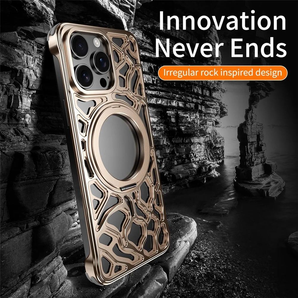 For iPhone 15 Pro Max Bumper Case Alloy Metal Borderless Back Cover with Magnetic Kickstand - Desert Gold - 2